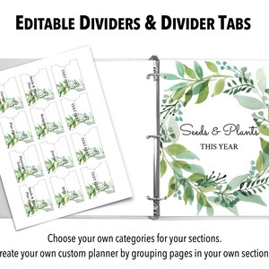May include: A set of printable divider tabs with a watercolor floral design. The tabs are labeled with the text "Seeds & Plants This Year" and include categories like "Garden", "Plan Ahead", and "Planning For".