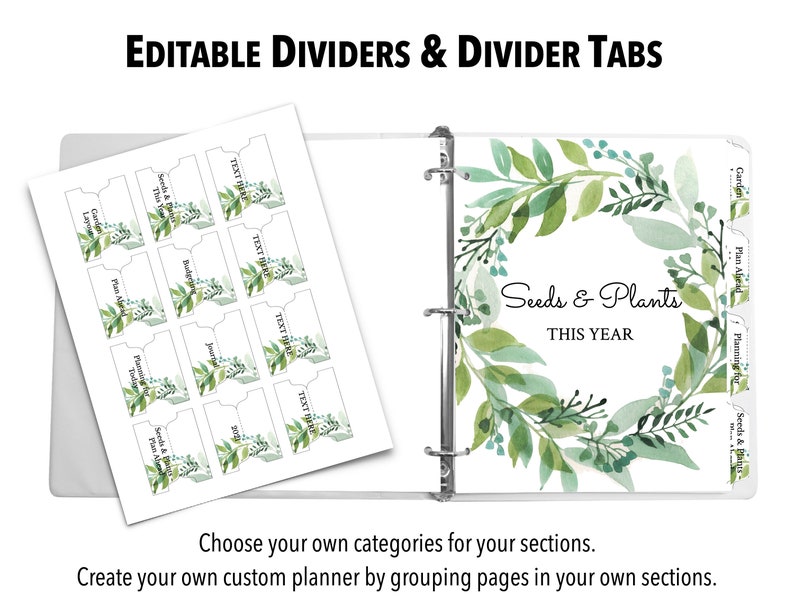 May include: A set of printable divider tabs with a watercolor floral design. The tabs are labeled with the text "Seeds & Plants This Year" and include categories like "Garden", "Plan Ahead", and "Planning For".
