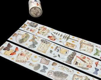 Vintage Styled Forest Themed Decorative Washi Tape Featuring Butterflies, Trees, Owls, Glass Jars, Apothecary Bottles for Junk Journaling