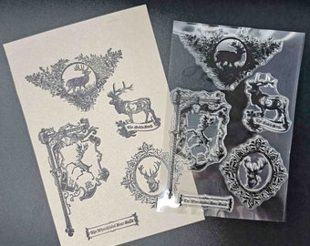 Decorative Vintage Transparent Clear Acrylic Stamp Sheet with Deer, Stags for Fall and Winter Paper Crafts, Junk Journals and More