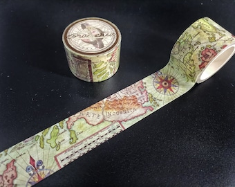 Vintage Navigation Traveler’s Themed Map Washi Tape Craft Tape for Junk Journaling and Scrapbooking, Treasure Map with Compass