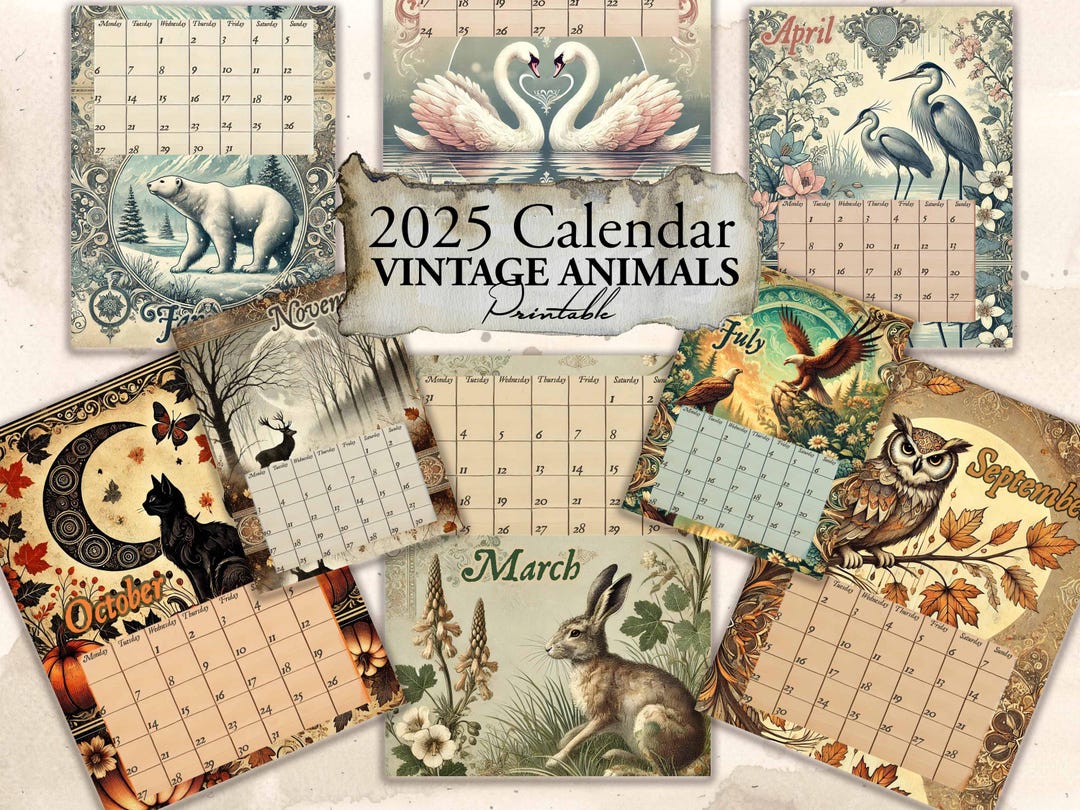 2025 Monthly Digital Calendar Vintage Animals Junkjournaling, Digital ...
