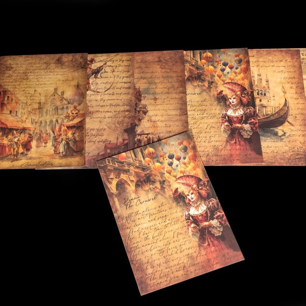Papiers Carnaval de Venise, cartes de journalisation décoratives vintage pour travaux manuels en papier sur des foires et des carnavals vintage, thème du cirque