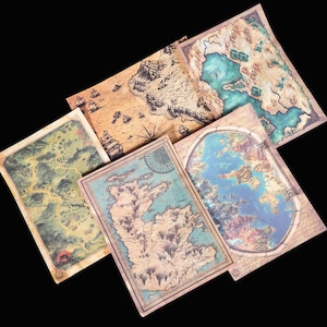 Fantasikartapapper, 5 A5 DnD medeltida världskartor för dagböcker och scrapbooking