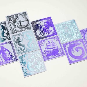 Cartões holográficos subaquáticos para artesanato, diário, quadrados de adesivos holográficos, tema náutico, fundo do mar com sereias