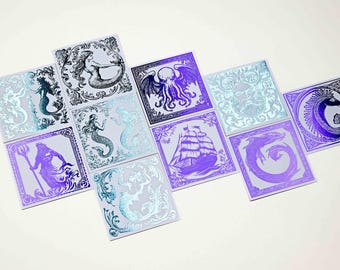 Holographic Under the Sea Cards for Crafting, Journaling, Holographic Sticker Squares, Nautical Theme, Under the Sea with Mermaids