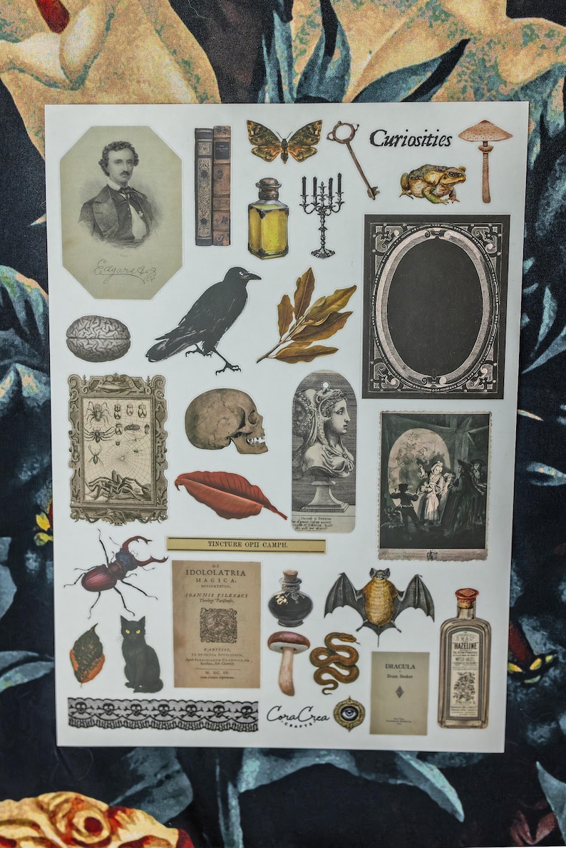 Curiosities Sticker Sheet: vintage ephemera and gothic inspired images printed on matte paper perfect for scrapbooking and craft projects. image 2
