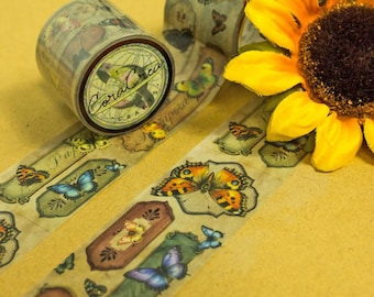 Cinta adhesiva Washi de la colección Mariposas: mariposas y banderines de inspiración vintage, fáciles de despegar y usar para decorar álbumes de recortes, diarios y manualidades.
