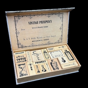 Jeu de tampons exclusif vintage pour pharmacies médicales, 18 tampons au total pour travaux manuels en papier, journalisation des objets indésirables, journalisation des oeuvres d'art