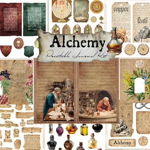 Puede incluir: Un collage digital titulado "Kit de diario imprimible de alquimia". La imagen presenta varios elementos: fondos de papel envejecido, ilustraciones de alquimistas, botellas de pociones, ilustraciones botánicas y etiquetas decorativas con símbolos alquímicos.