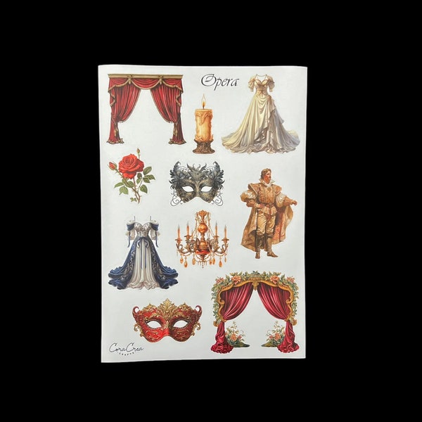 Opera Themed Ephemera Sticker Sheet for Junk Journaling, Scrapbooking, Art Journaling, Bullet Journaling, Paper Arts and Crafts