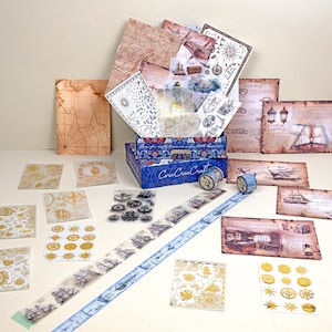 Navigation Journaling Bundle Mixed Media Journal Scrapbook Box, Navigatioon Sea Theme Nautical Ephemera Craft Box for Scrapbooking