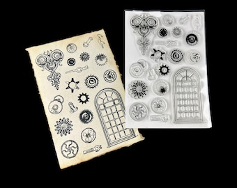 Mechanical Industrial Themed Clear Acrylic Stamp Sheet with Gears, Warehouse Window, and Various Mechanical Elements