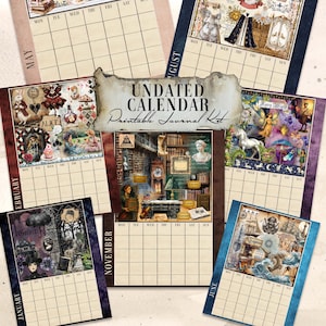 Puede incluir: Una colección de kits de diario imprimibles sin fecha con varios temas, incluyendo Alicia en el País de las Maravillas, Gótico y Mundo de las Hadas. Cada página del calendario presenta un borde decorativo y una cuadrícula para las entradas diarias. La imagen central muestra el texto "UNDATED CALENDAR Printable Journal Kit."