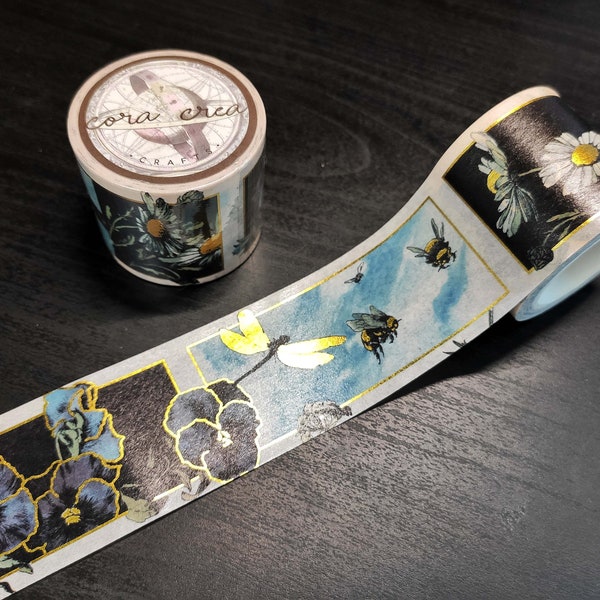 Vintage Style Floral Black & Blue Washi Tape with Flowers and Insects for Scrapbooking Decoration, Junk Journaling, with Gold Foil Detailing