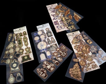 Vintage Sticker Strips - 4 Styles Clocks, Moths, Nautical, Bottles - Stickers, Labels, Junk Journal Decoration, Scrapbooking, Ephemera Paper