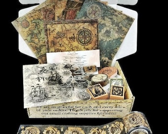 Kit de suministros de diario basura de piratas, caja misteriosa de suministros de artesanía de medios mixtos vintage