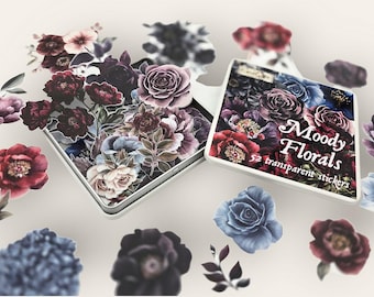 Moody Flowers Sticker Tin Box, 52 Piece Transparent Sticker Set, Featuring Summer Florals, Dark Academia Inspired for Crafting