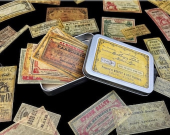 Apothecary Labels Sticker Tin Box Featuring Various herbal and mineral apothecary label stickers, for Paper Crafts and Junk Journaling