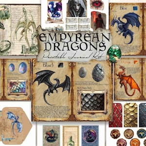 Può includere: Kit di diario stampabile con illustrazioni di draghi con squame e uova di diversi colori. Il kit include immagini di squame di drago, uova e un drago con le ali spiegate. Il testo "Empyrean Dragons Printable Journal Kit" è presente al centro dell'immagine.
