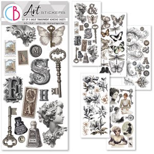 May include: A set of five uncut transparent adhesive sheets with vintage art stickers. Designs include keys, butterflies, stamps, and floral elements. The sheets measure 12.4 x 26.4 cm and are acid and lignin free.