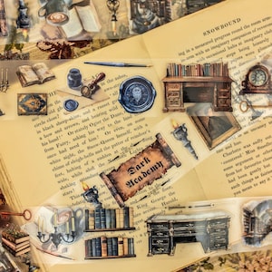 Libraries Transparent Tape: Vintage inspired pre-cut designs of books, bookshelves, desks and writing ephemera perfect to use for crafting.