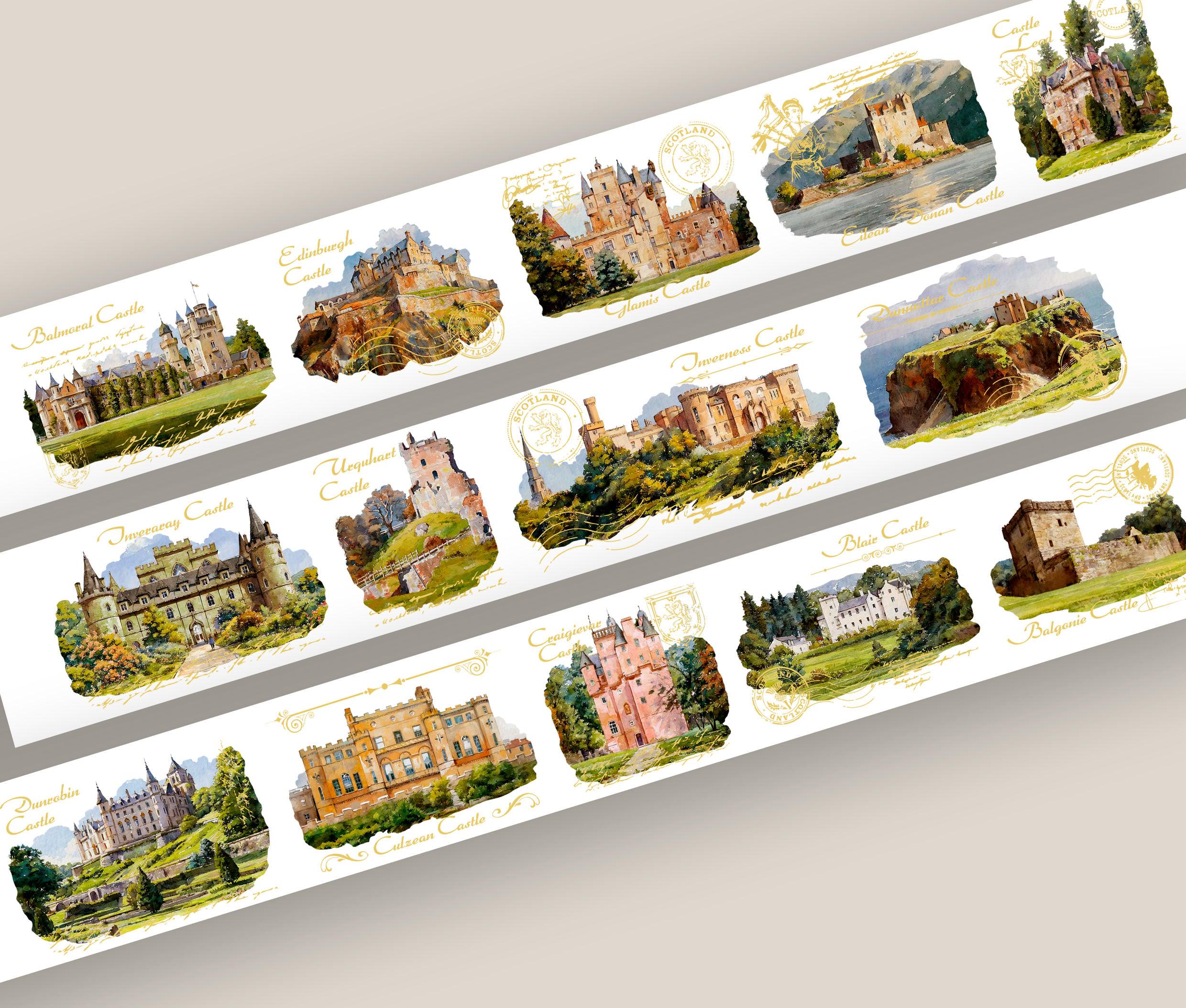 Castles Washi Tape with Real Hand-drawn Scottish Castles for Scrapbooking and Journaling Arts and Crafts Projects Scotland Theme Gold Foil