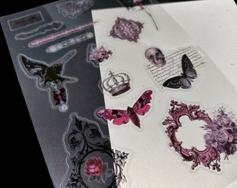 Transparante donkere gotische transparante stickers met vlinder, schedel, kroon, mot, roze, zwarte en paarse dagboekstickers voor papierknutsels