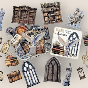 Puede incluir: Una colección de 35 pegatinas de vinilo con temática académica. Las pegatinas presentan ilustraciones de estanterías, estatuas, búhos, libros, relojes y elementos arquitectónicos de estilo vintage. También es visible la palabra "Academia".