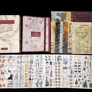 May include: A set of vintage-style scrapbooking supplies, including a binder, paper, stickers, and ephemera. The set features a map design and the text "Planning and Journey Companions".