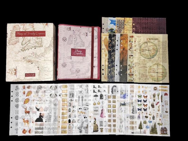 May include: A set of vintage-style scrapbooking supplies, including a binder, paper, stickers, and ephemera. The set features a map design and the text "Planning and Journey Companions".