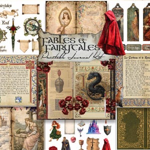 May include: A collection of printable journal kit elements featuring Fables & Fairytales text, including illustrations of a red hooded cloak, a black dragon, a crow, a fox, a castle, a sword, roses, and various vintage-style book pages and bookmarks.