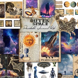 May include: A digital art collection with an outer space theme. It features illustrations of planets, a rocket ship, celestial bodies, and vintage-style artwork. The words "Outer Space Printable Journal Kit" are visible.