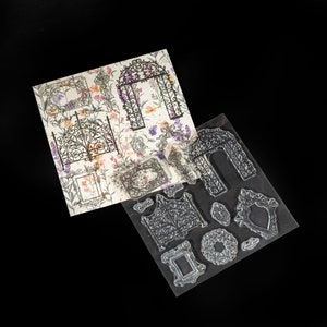 May include: Two clear stamp sets featuring ornate archways, frames, and floral designs. One set is on a floral patterned paper, the other is on a clear sheet. The stamps are ideal for scrapbooking and card making.