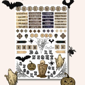 Halloween Letters Sticker Sheet: Bats, spiders, ghosts, and tombstones, complement the sheet perfect for junk journaling, scrapbooking