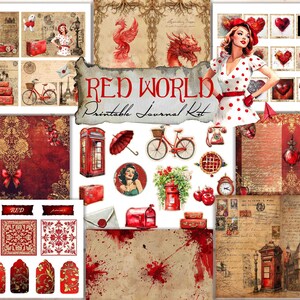 Kit diario digitale Red World Retro Victorian Love JunkJournaling Ephemera Pack, pacchetto di download digitale per la stampa di artigianato su carta postale