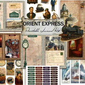 May include: A printable journal kit with an "Orient Express" theme, featuring vintage illustrations of trains, stations, and passengers. The design incorporates sepia tones, blues, and greens, creating a nostalgic aesthetic. Includes labels and postcards.