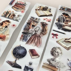 May include: Decorative stickers featuring vintage illustrations of books, women reading, and antique objects. The stickers include images of a globe, a bust, and flowers. The color palette includes soft browns, pinks, and creams.