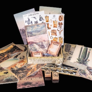 Kit de suprimentos para diário de lixo do Wild West Cowboys, suprimentos para artesanato de mídia mista vintage, caixa misteriosa, fita washi ocidental Gold Rush, carimbos, adesivos