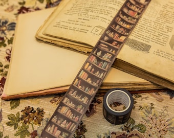 Library Washi Tape: a repeating pattern of bookish motifs such as stacked novels and vintage shelves to add texture and design to crafts.