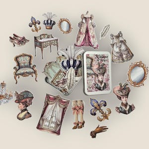 Op de afbeelding: Een verzameling vintage-stijl stickers met illustraties van antieke meubels, jurken, kronen en portretten. Een blikken doos met de tekst "Noblesse" en een portret staat in het midden. De stickers zijn in goud-, roze- en blauwtinten.