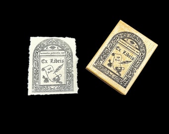 Sello de madera vintage Ex Libris para decoración de diarios basura, álbumes de recortes y artesanías de papel
