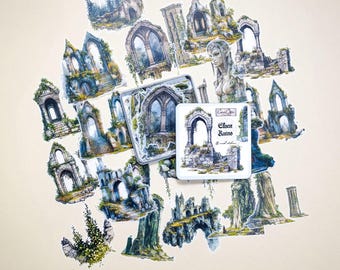 Elven Ruins Sticker Box Featuring Fantasy Architecture, 20 Elvish Themed Washi Stickers for Paper Crafts and Scrapbook Journaling