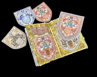 Bloc de notas vintage con escudo inglés con diseños de escudo familiar azul, gris y rojo, 60 páginas en total para diarios basura y artesanales
