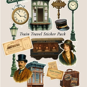 Puede incluir: Un conjunto de pegatinas de estilo vintage con temática de viajes en tren. Incluye un reloj, una taquilla, un vagón de tren, un sombrero de conductor, equipaje y billetes. También se ve el texto "Train Travel Sticker Pack".