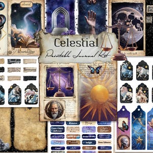 May include: A collage of celestial-themed printable journal kit elements. The design includes zodiac tags, scales, a full moon, a butterfly, and a sunburst. The words "Celestial Printable Journal Kit" are displayed in the center.