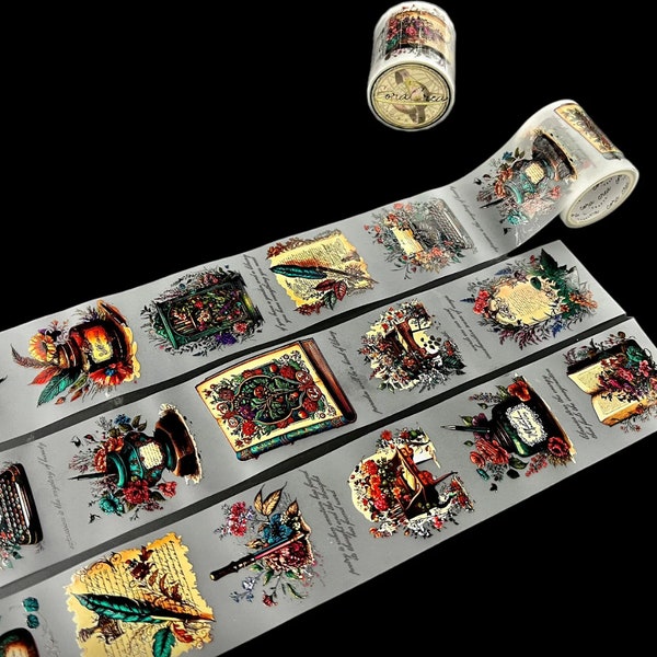 Ruban adhésif Washi transparent en PET coloré de style victorien pour la journalisation indésirable, avec des stylos plume, des lettres, des machines à écrire, des bouteilles d'encre et plus