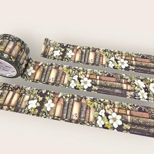 Summer Academia Foil Washi Tape, Book Shelves with Floral Accents, Perfect for Borders and Backgrounds in Journaling and Crafting Projects