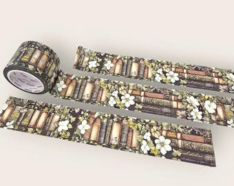 Summer Academia Foil Washi Tape, Book Shelves with Floral Accents, Perfect for Borders and Backgrounds in Journaling and Crafting Projects