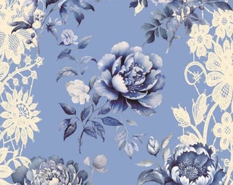 Papel de arroz texturizado decoupage azul con flores blancas y azules para decoración de fondo para diarios basura, artesanías de papel
